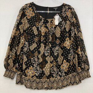 New Roz & Ali size 1X Black Gold Pleated Metallic Boho Print Blouse Romantic